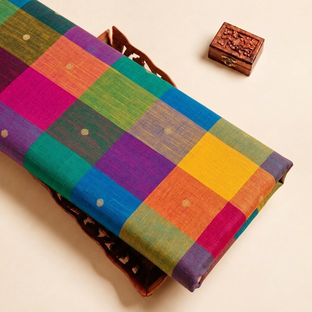 Multicolor Checked Cotton Fabric with Butta