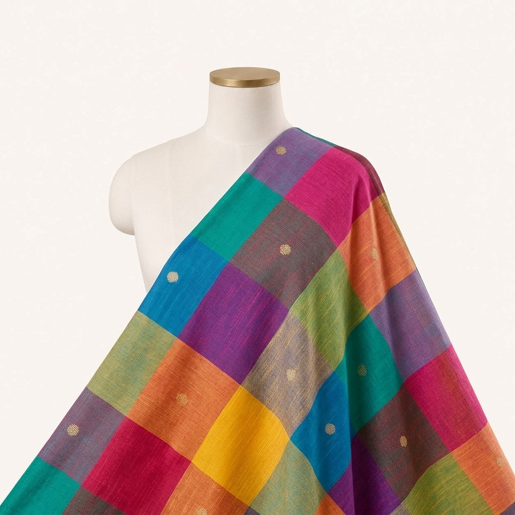 Multicolor Checked Cotton Fabric Draped as a saree