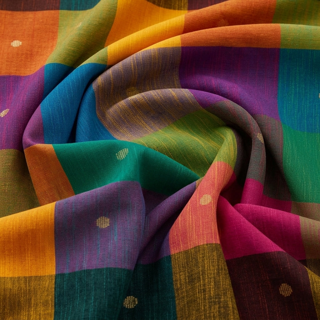 Swirled Multicolor Checked Cotton Fabric Showing Butta and Drape