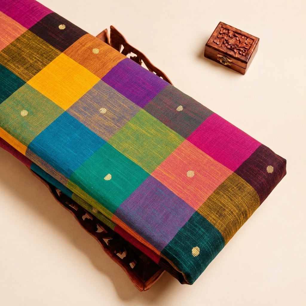 Multicolor Checked Cotton Fabric with Butta