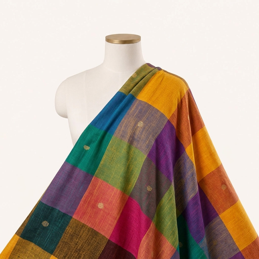 Multicolor Checked Cotton Fabric Draped as a saree