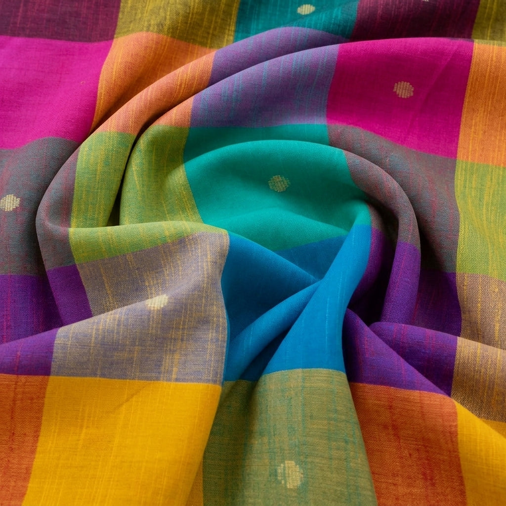 Swirled Multicolor Checked Cotton Fabric Showing Butta and Drape