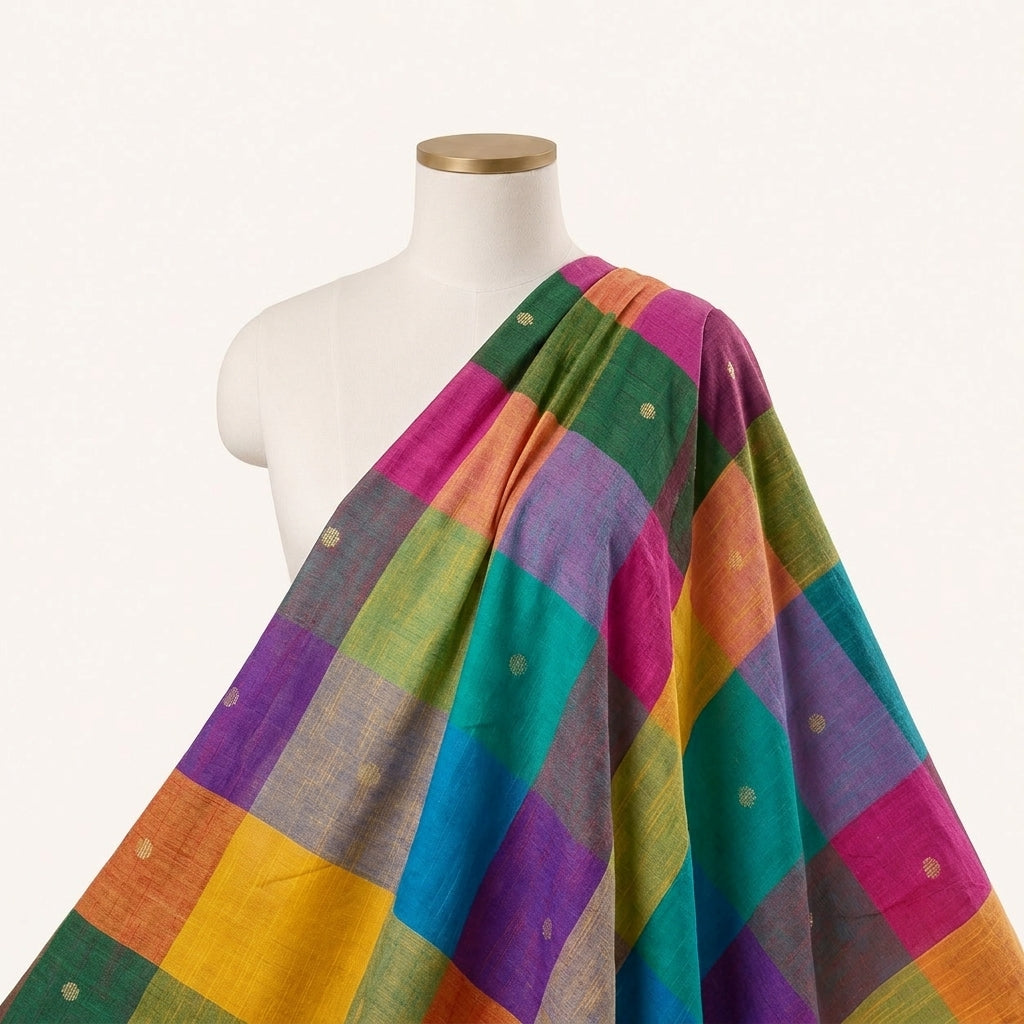 Multicolor Checked Cotton Fabric Draped as a saree