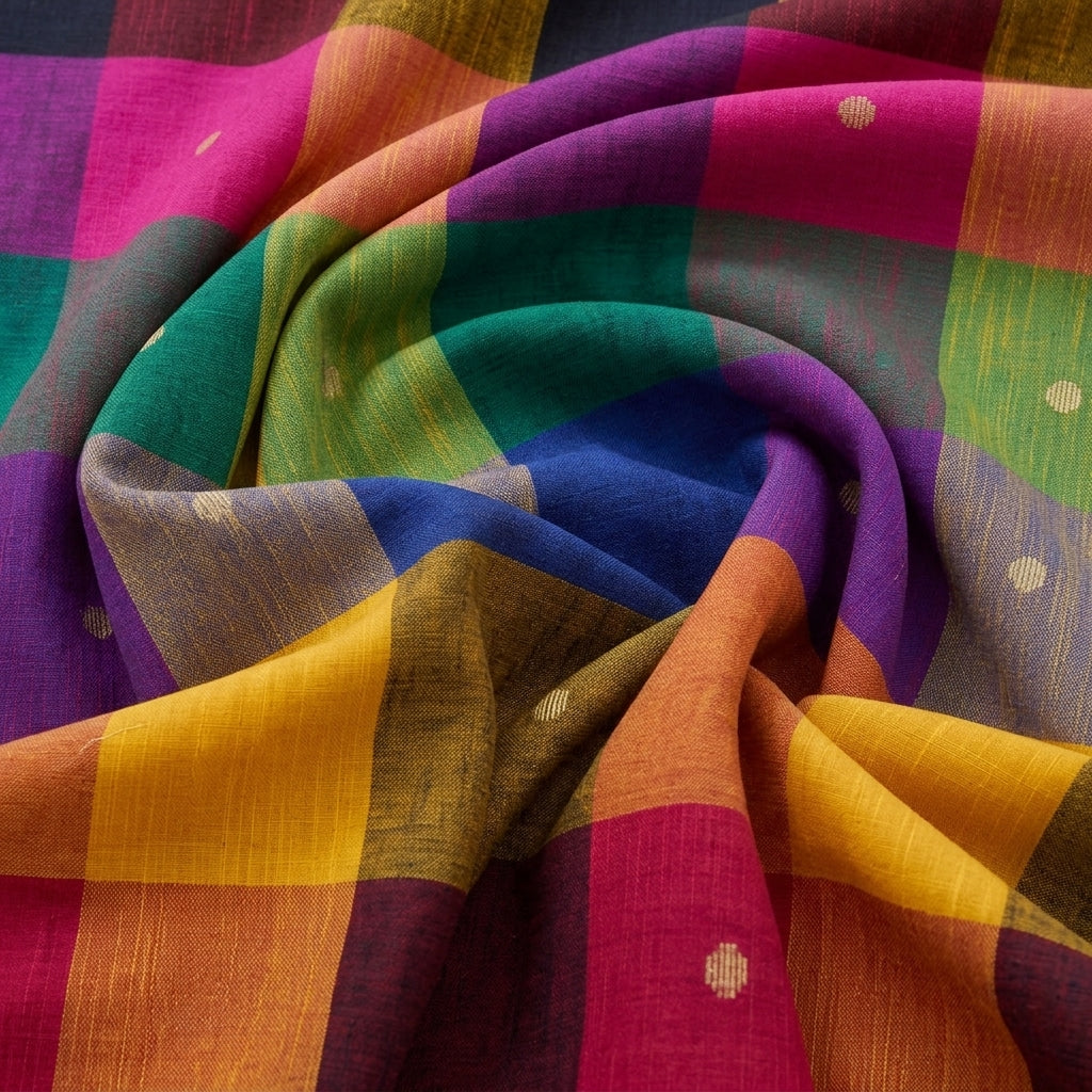 Swirled Multicolor Checked Cotton Fabric Showing Butta and Drape