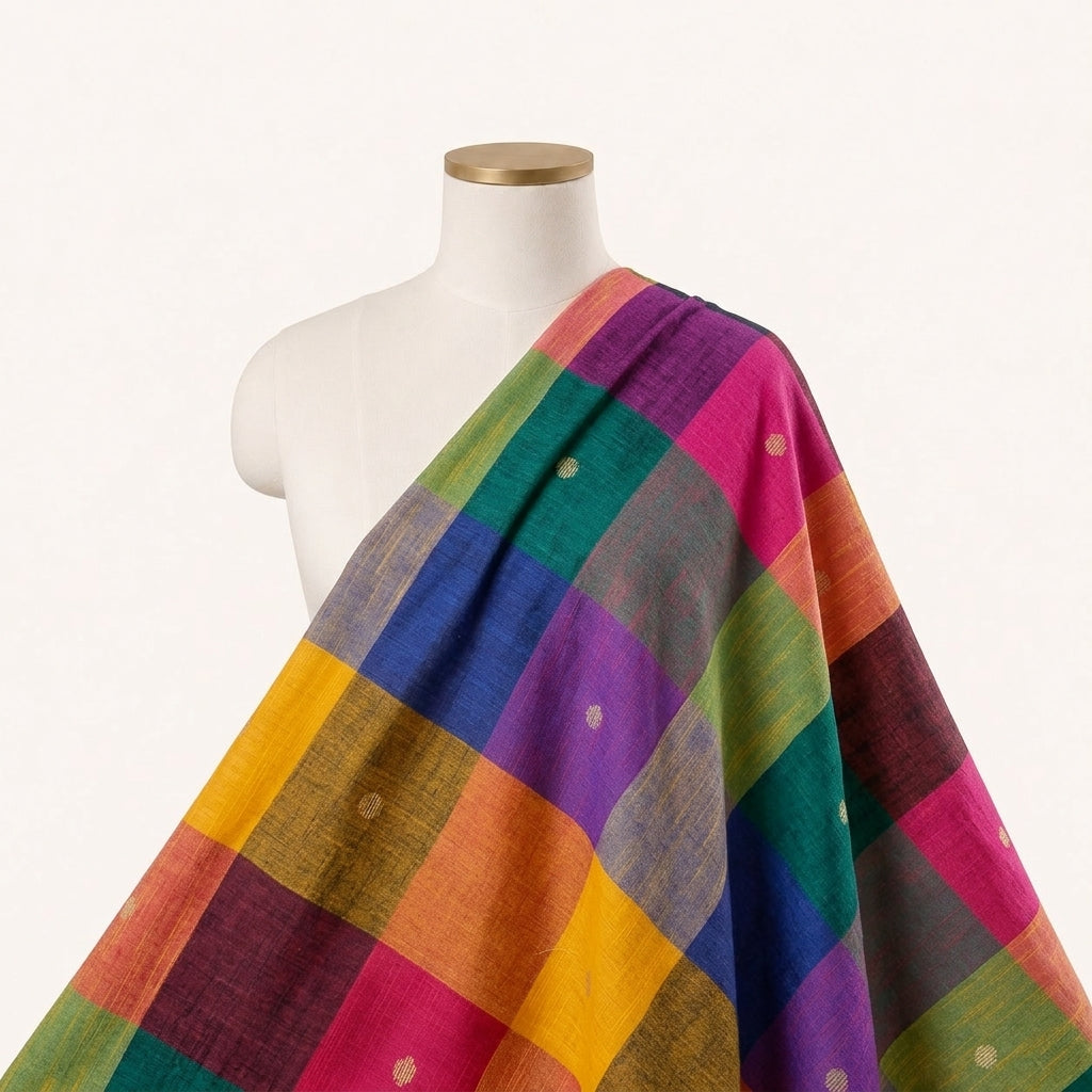 Multicolor Checked Cotton Fabric, draped as a saree
