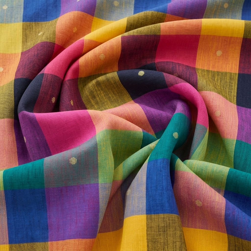 Swirled Multicolor Checked Cotton Fabric Showing Butta and Drape