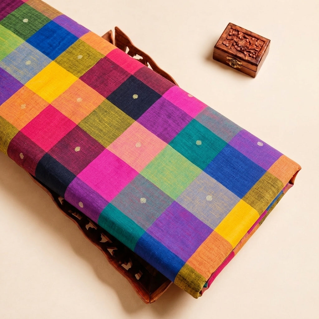 Multicolor Checked Cotton Fabric with Butta