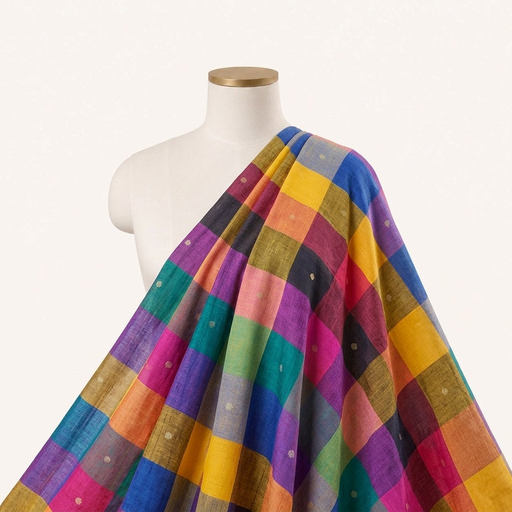 Multicolor Checked Cotton Fabric Draped as a saree