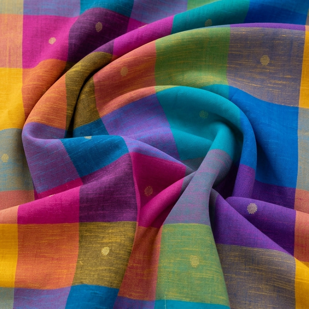Swirled Multicolor Checked Cotton Fabric Showing Butta and Drape
