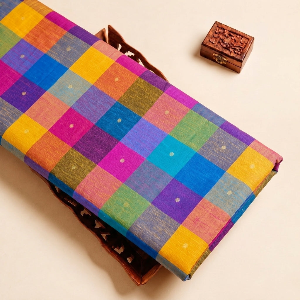 Multicolor Checked Cotton Fabric with Butta