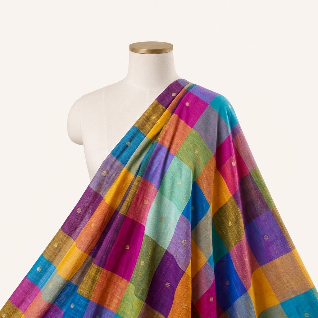 Multicolor Checked Cotton Fabric Draped as a saree