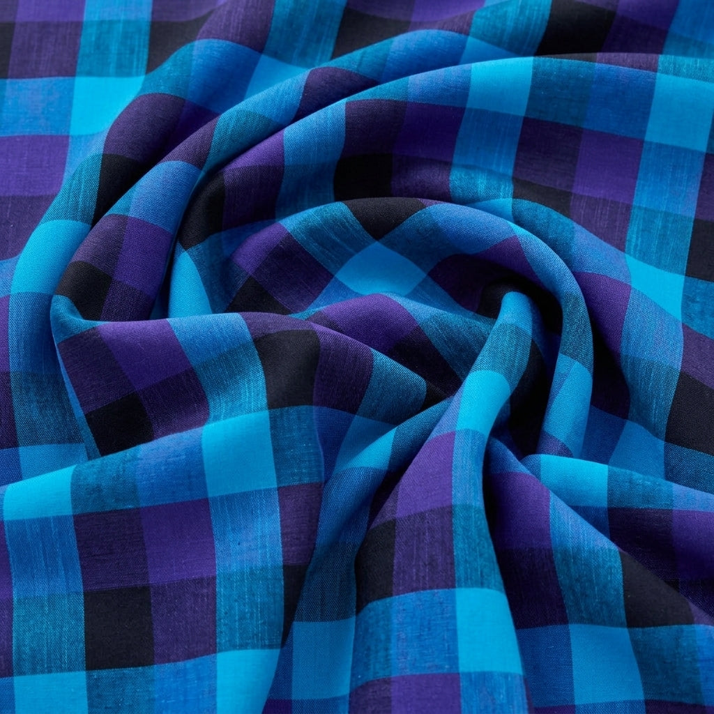 Swirled Blue Checked Cotton Fabric Showing Drape