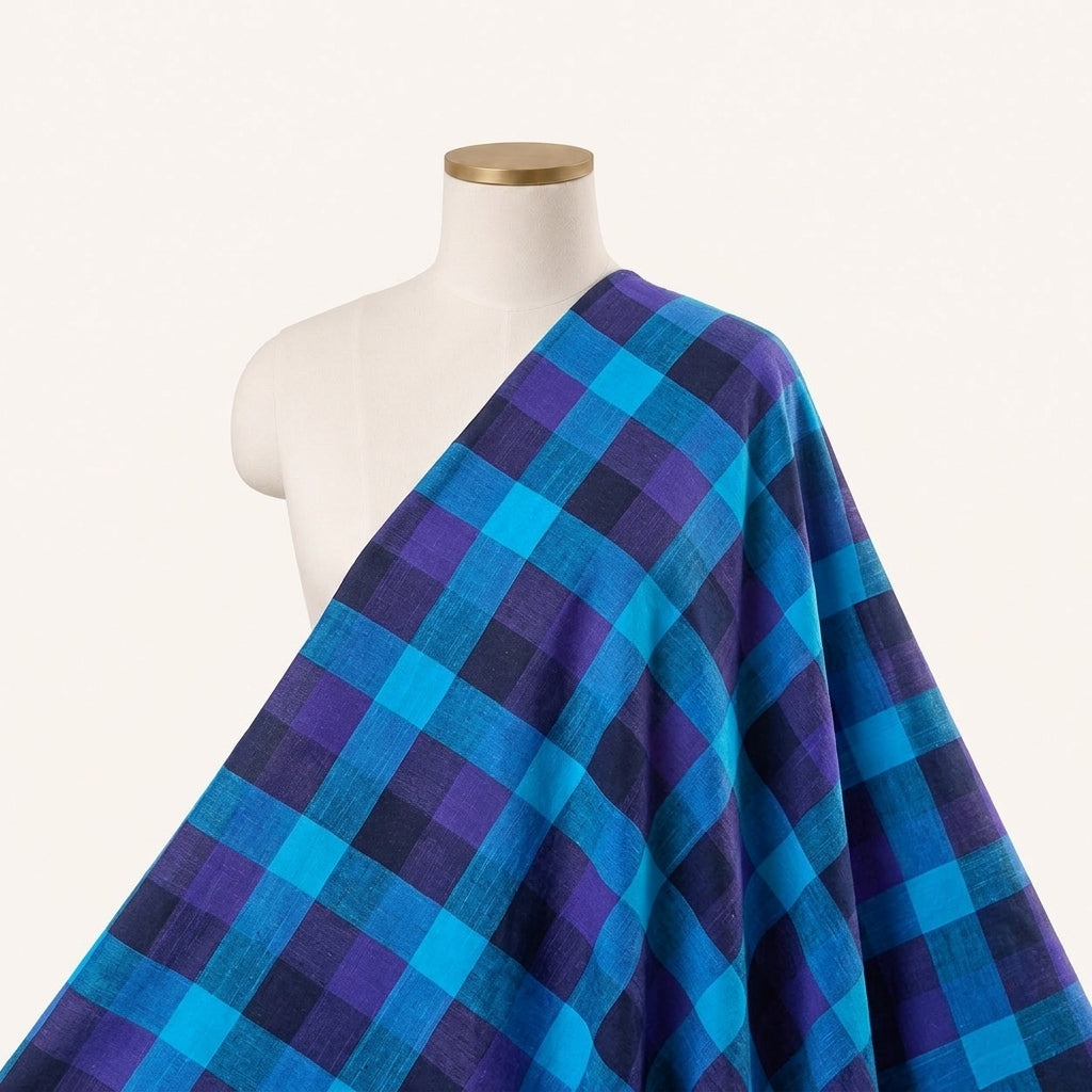 Blue Checked Cotton Fabric Draped as a saree