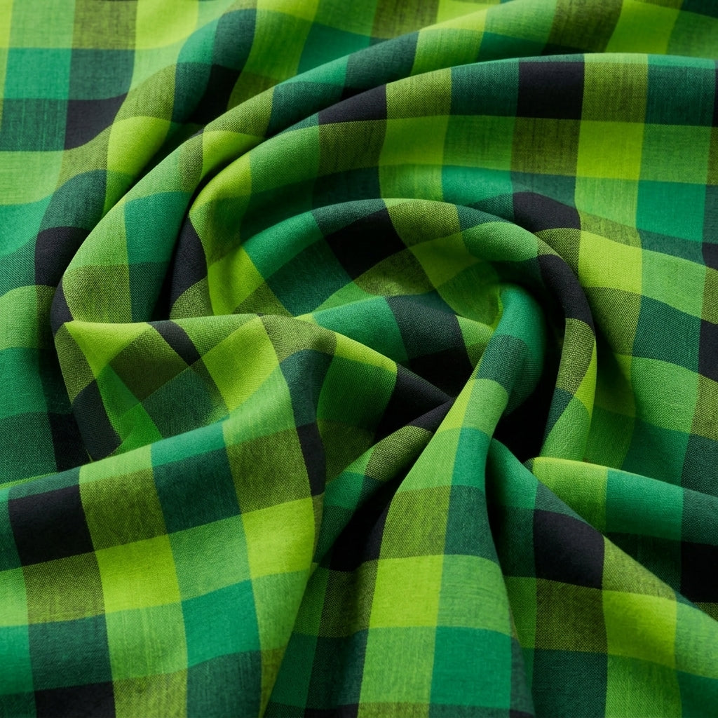 Swirled Green Checked Cotton Fabric Showing Drape