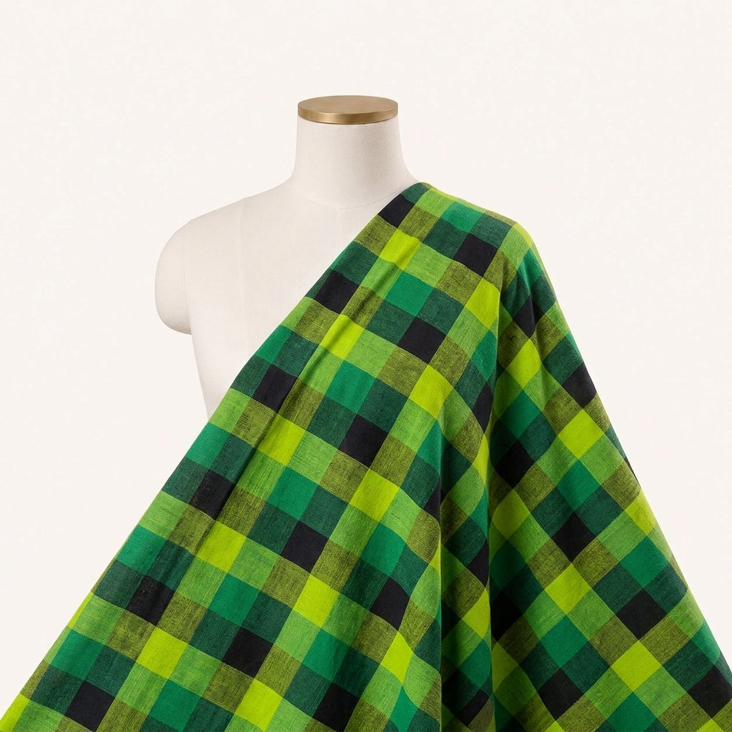 Green Checked Cotton Fabric Draped as a saree