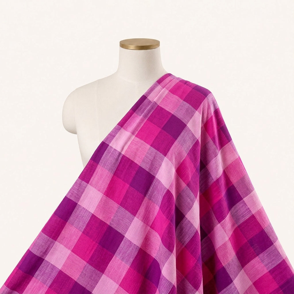 Pink Checked Cotton Fabric Draped as a saree