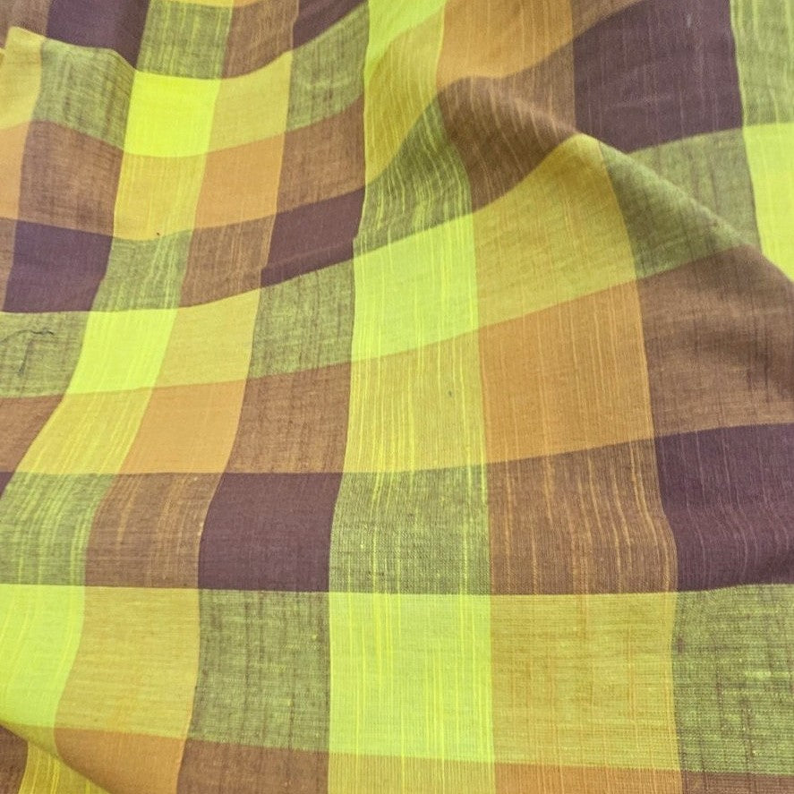 Yellow Checked Cotton Fabric, laid flat