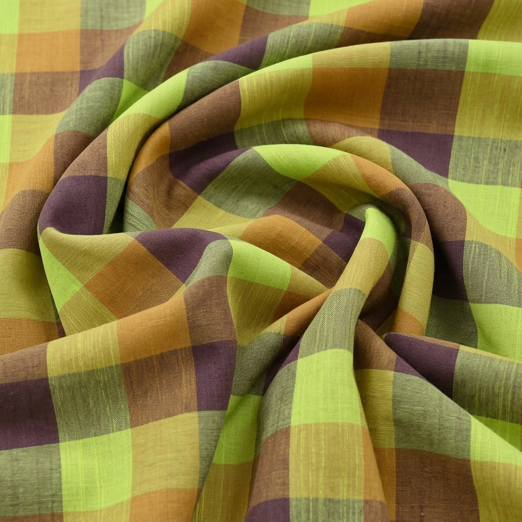 Swirled Yellow Checked Cotton Fabric Showing Drape