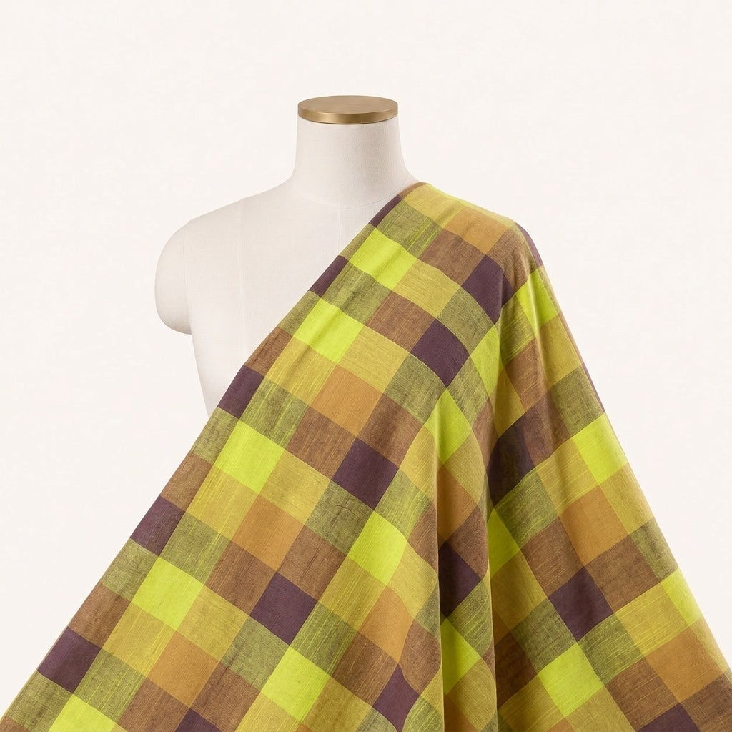 Yellow Checked Cotton Fabric Draped as a saree