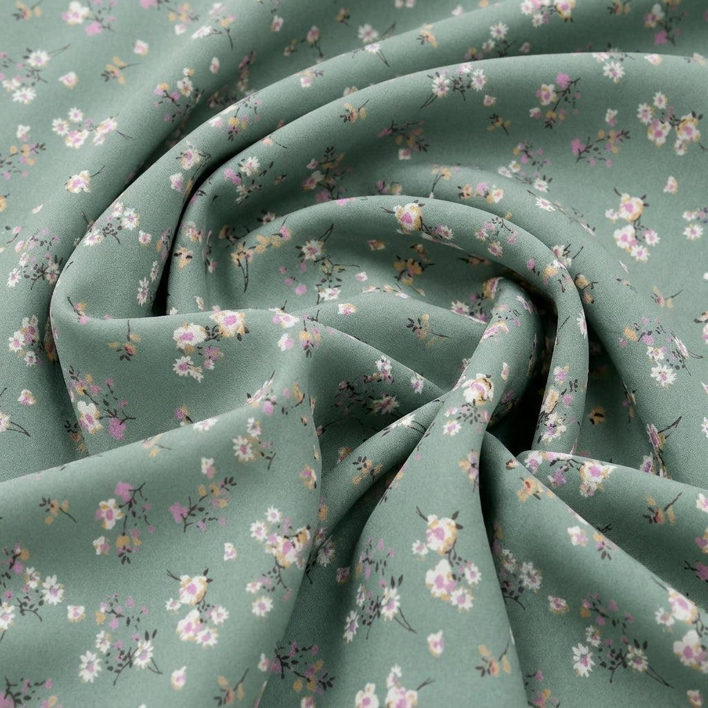 Swirled Green Floral Cotton Fabric Showing Drape