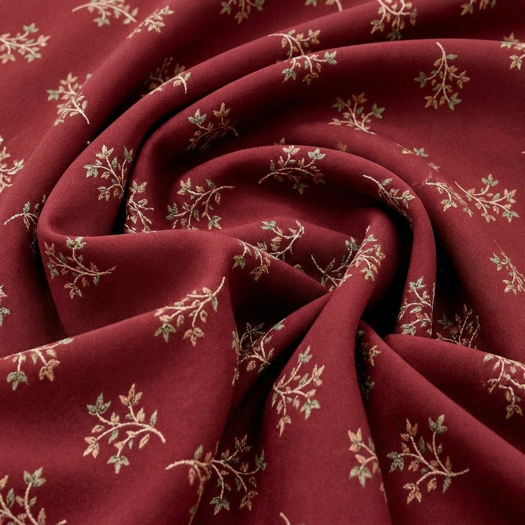 Swirled Maroon Floral Cotton Fabric Showing Drape