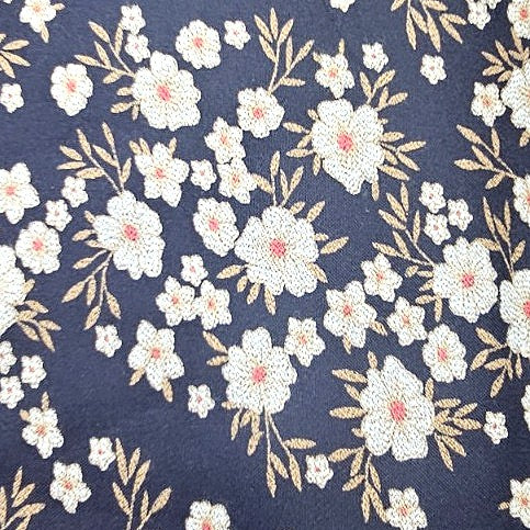 Navy Blue Floral Cotton Fabric, laid flat