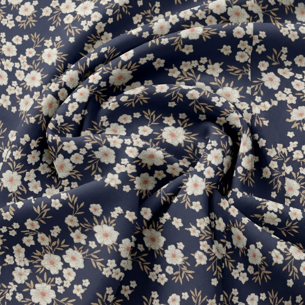 Swirled Navy Blue Floral Cotton Fabric Showing Drape
