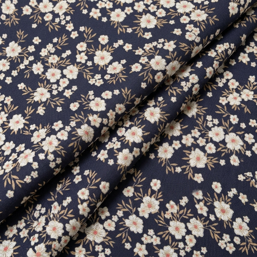 Folded Navy Blue Floral Cotton Fabric