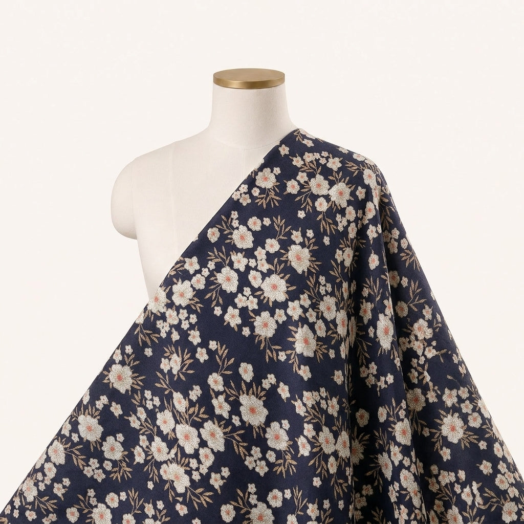 Navy Blue Floral Cotton Fabric Draped as a saree