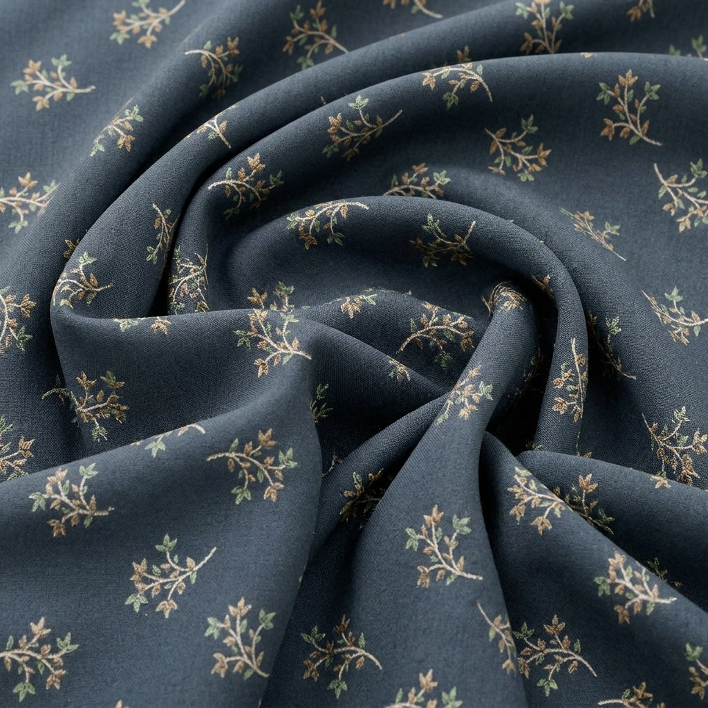 Swirled Dark Blue Floral Cotton Fabric Showing Drape