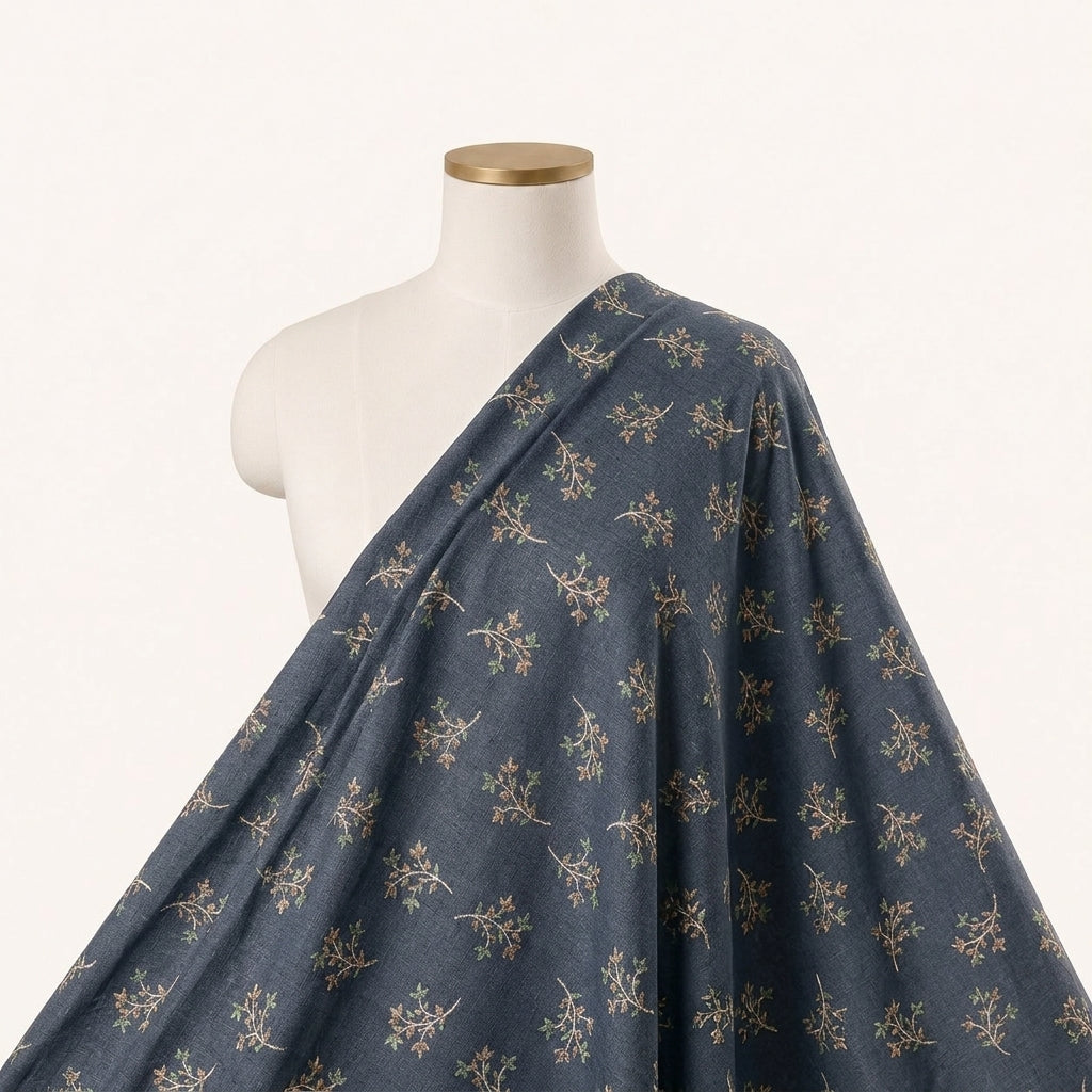 Dark Blue Floral Cotton Fabric Draped as a saree