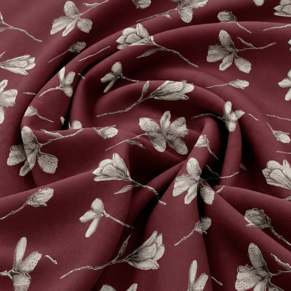 Swirled Maroon Floral Cotton Fabric Showing Drape