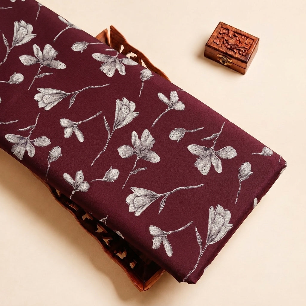 Maroon Floral Cotton Fabric, folded