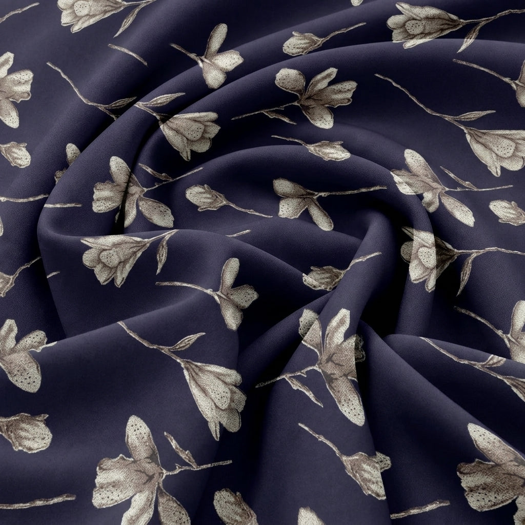 Swirled Navy Blue Floral Cotton Fabric Showing Drape
