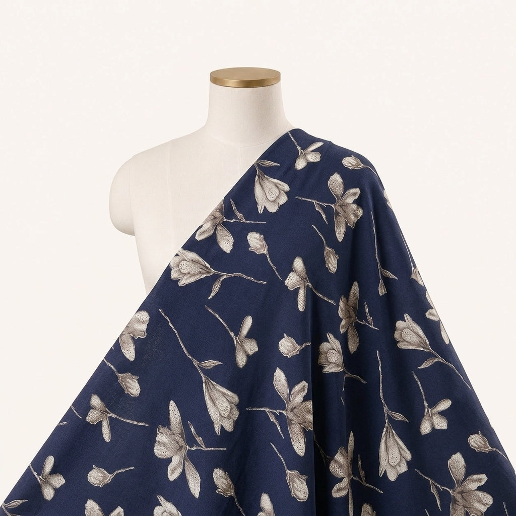 Navy Blue Floral Cotton Fabric Draped as a saree