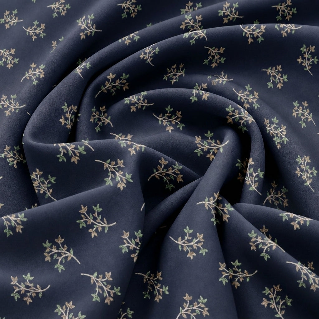 Swirled Navy Blue Floral Cotton Fabric Showing Drape