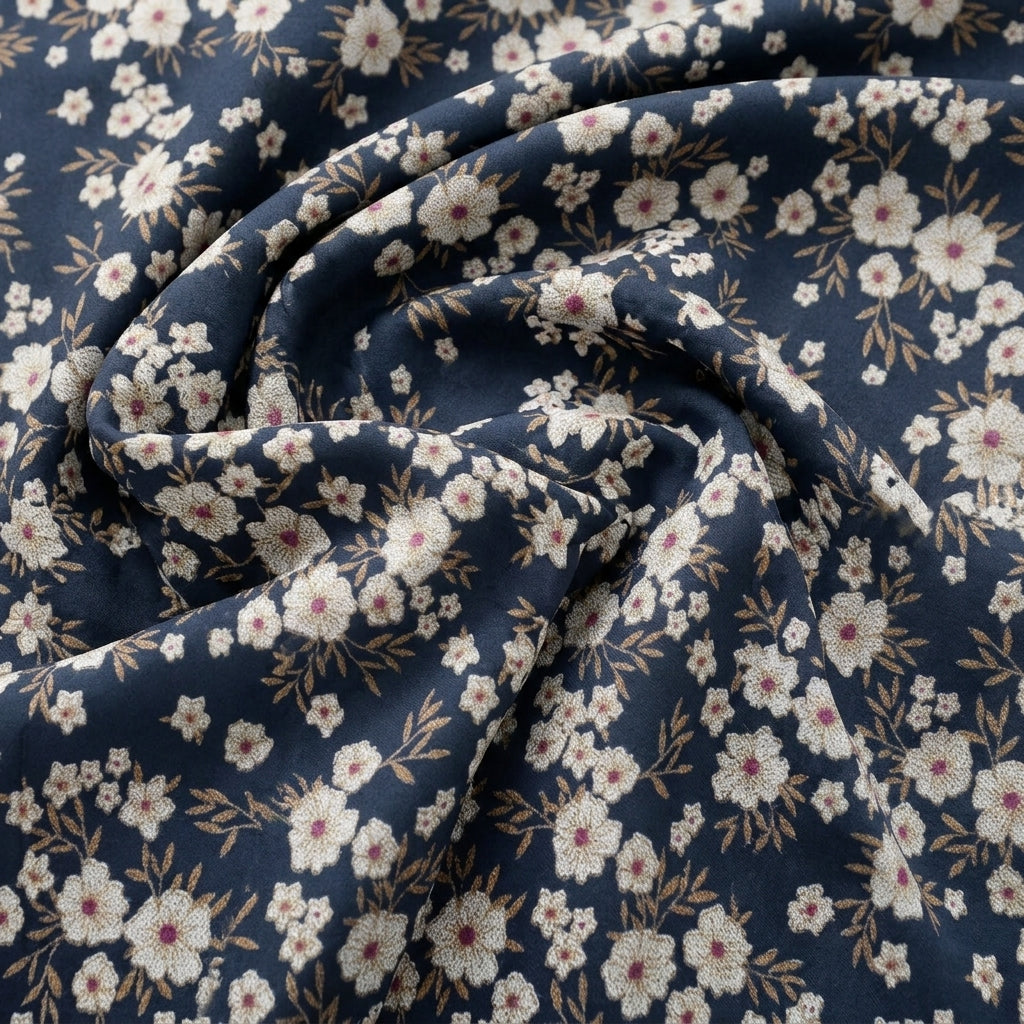 Swirled Blue Floral Cotton Fabric Showing Drape