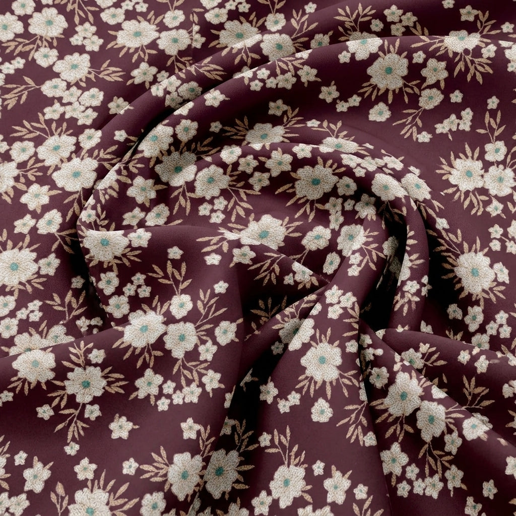 Swirled Wine Floral Cotton Fabric Showing Drape