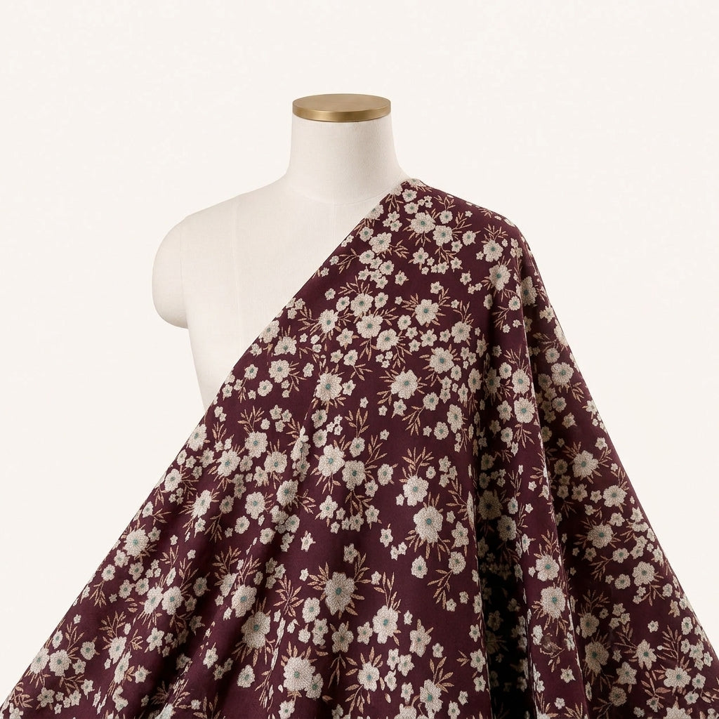 Wine Floral Cotton Fabric Draped as a saree