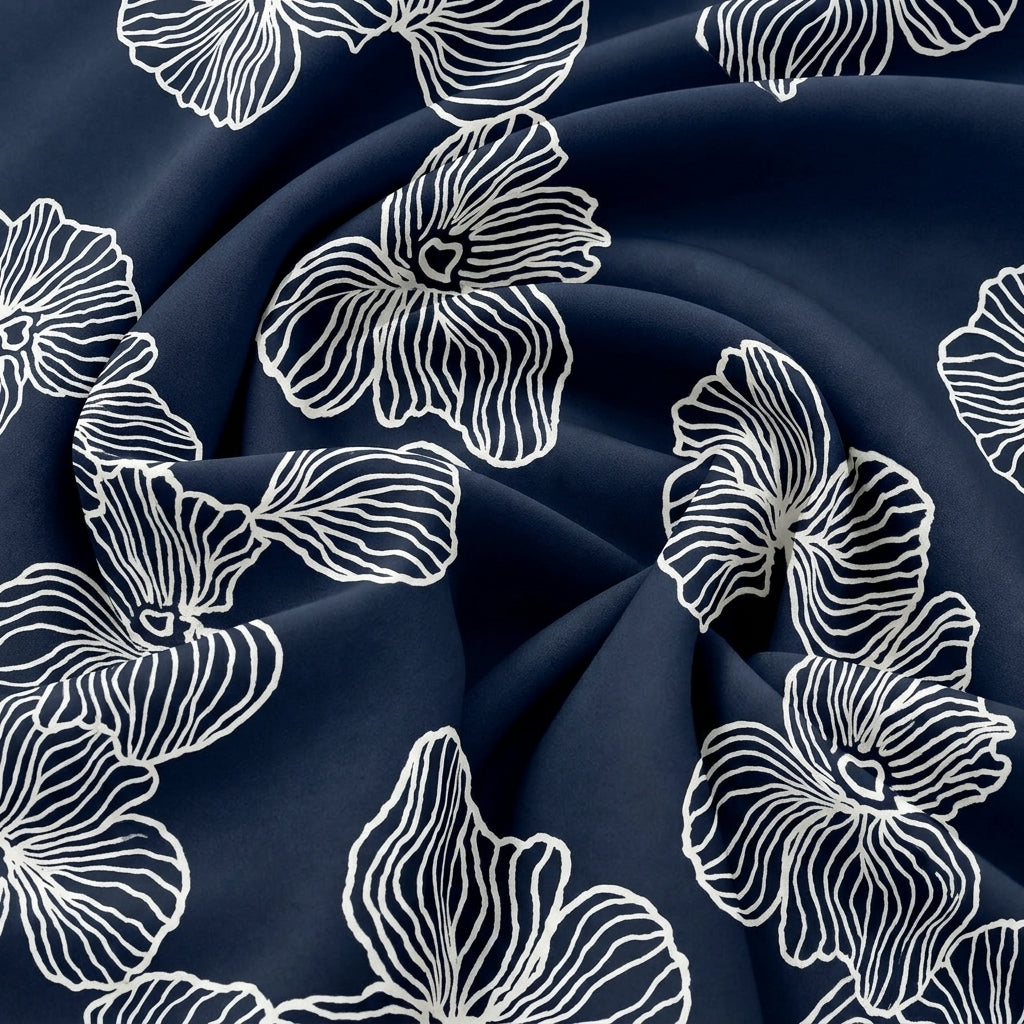 Black Floral Rayon Fabric, swirled to show the drape