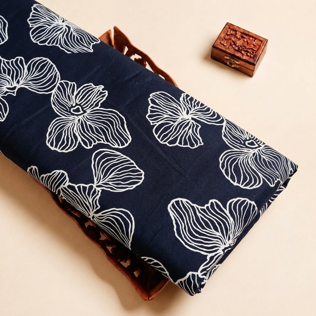 Black Floral Rayon Fabric, folded