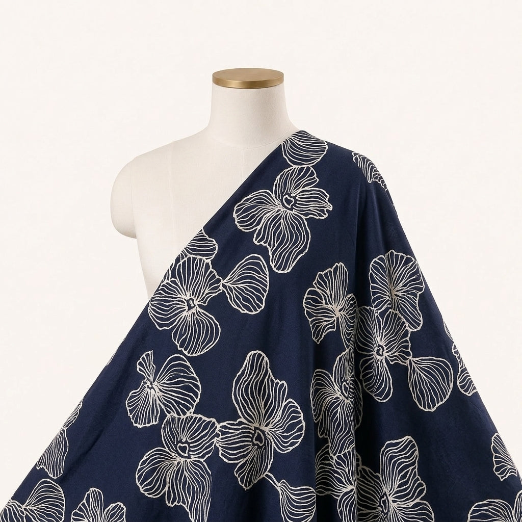 Black Floral Rayon Fabric, draped as a saree