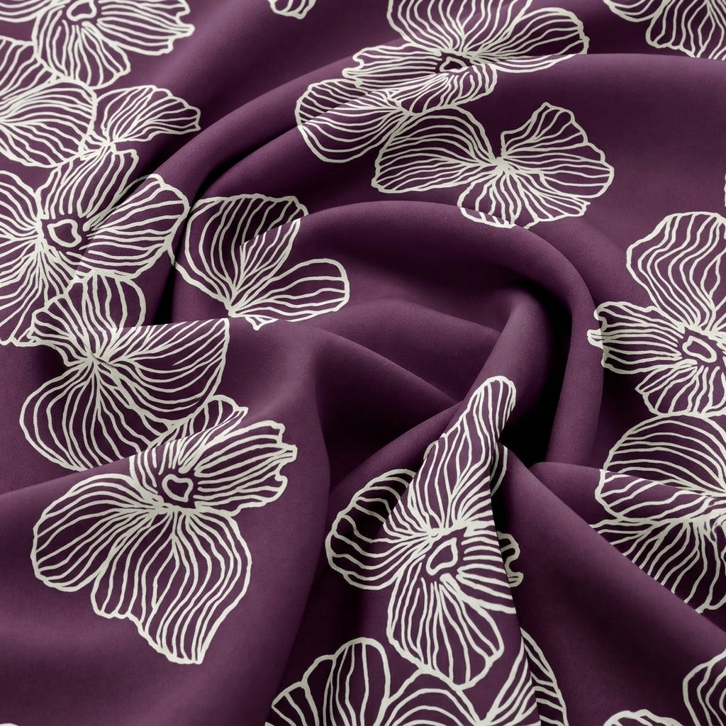 Swirled Purple Floral Rayon Fabric Showing Drape