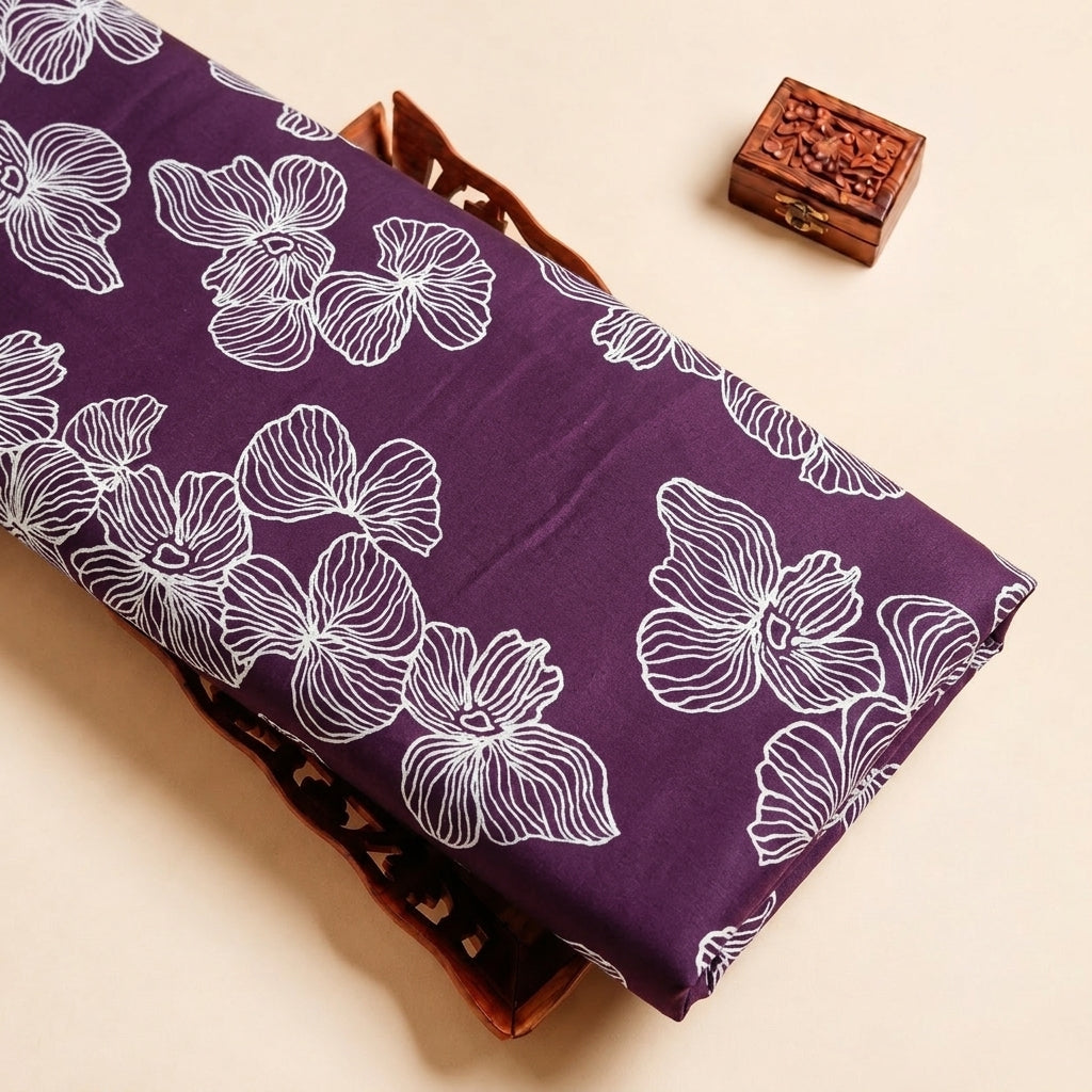 Purple Floral Rayon Fabric, folded