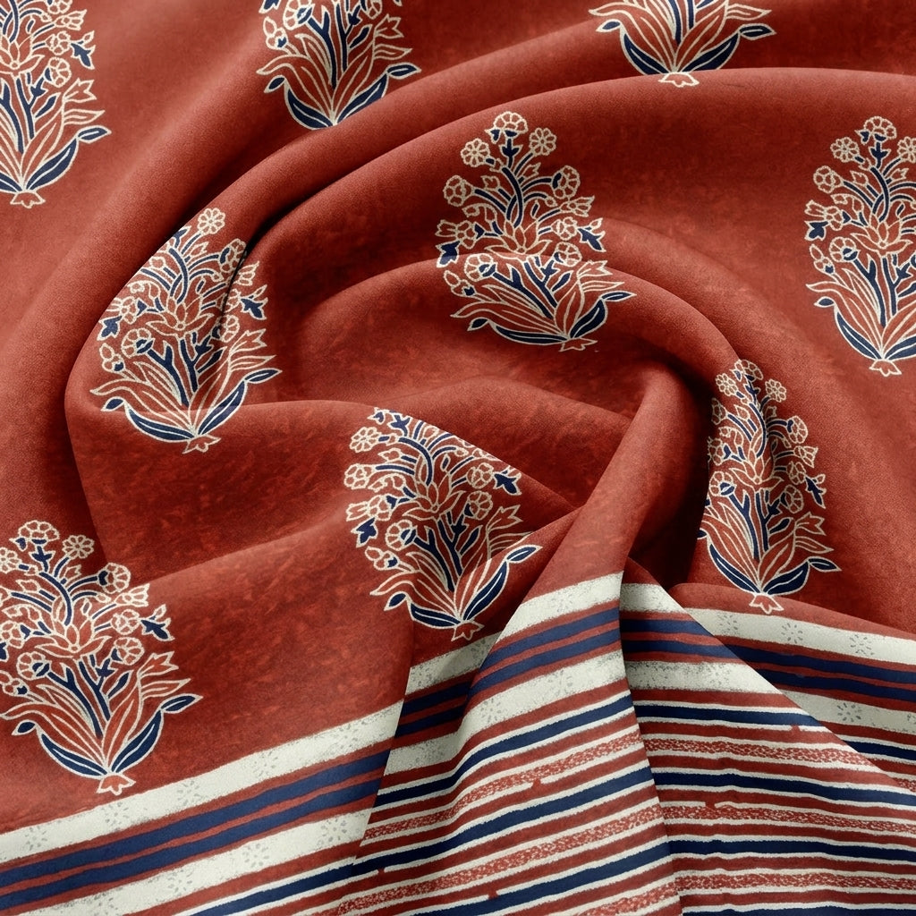 Swirled Rust Floral Rayon Fabric Showing Border and Drape