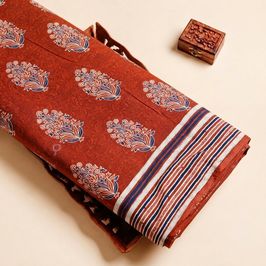 Rust Floral Rayon Fabric, folded