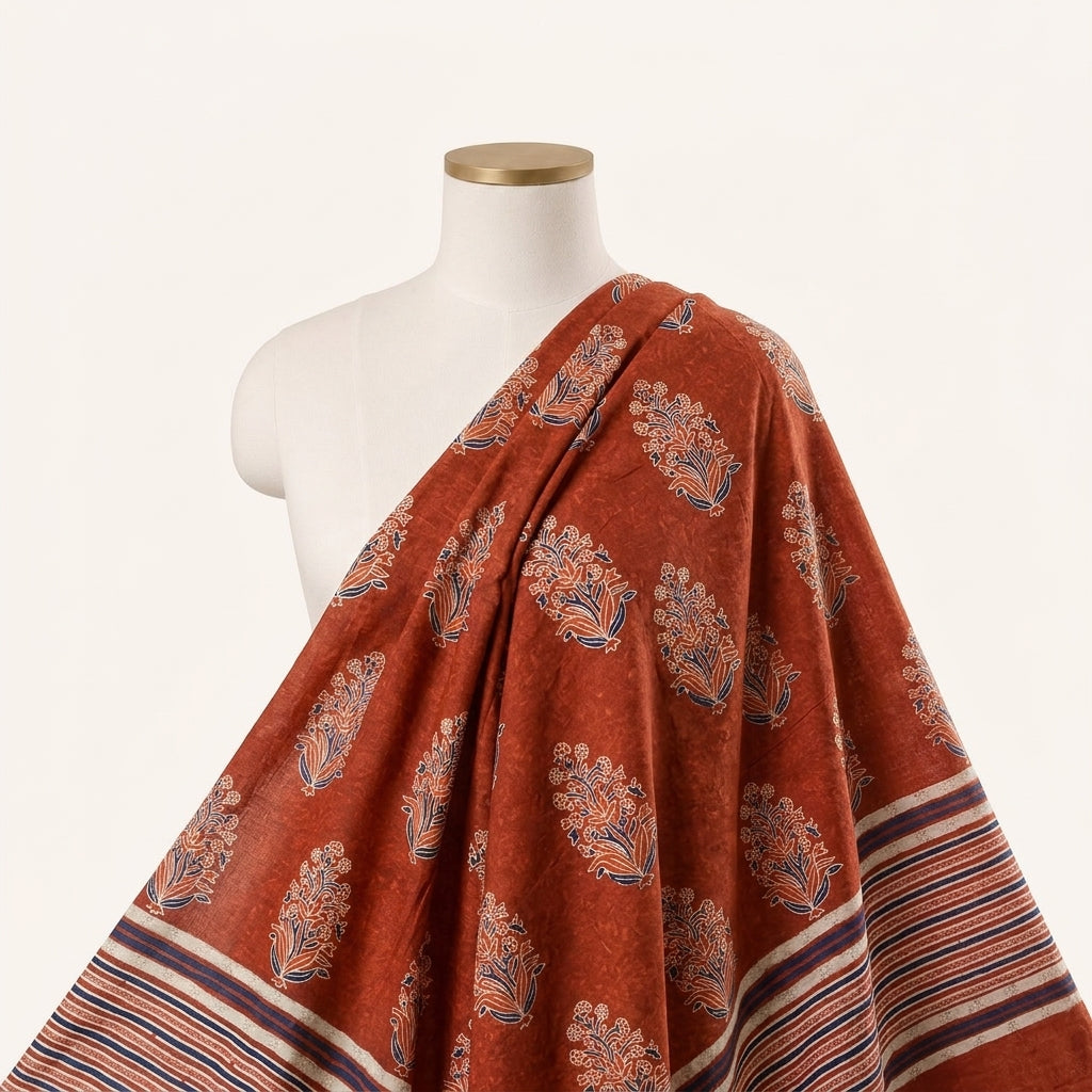 Rust Floral Rayon Fabric Draped as a saree