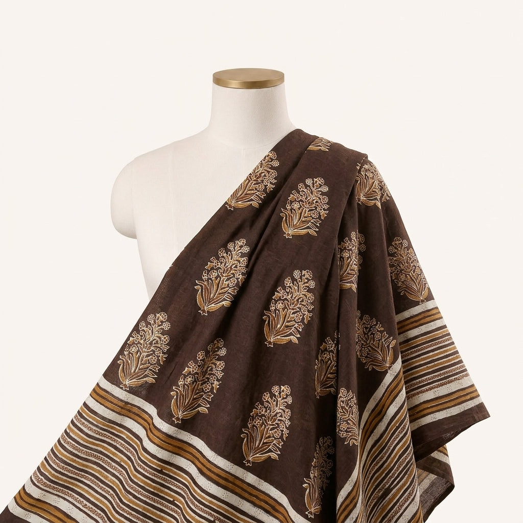 Brown Floral Rayon Fabric Draped as a saree