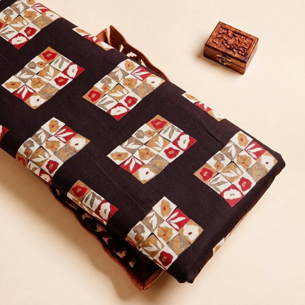 Black Floral Rayon Fabric, folded
