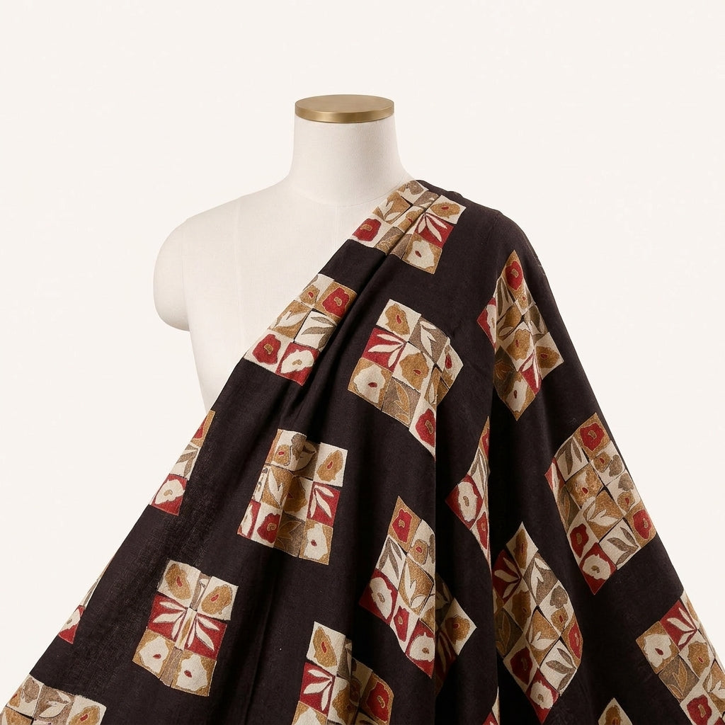 Black Floral Rayon Fabric Draped as a saree